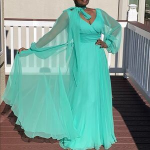 𝅺Vintage Green Pleated Chiffon Maxi‎ Dress